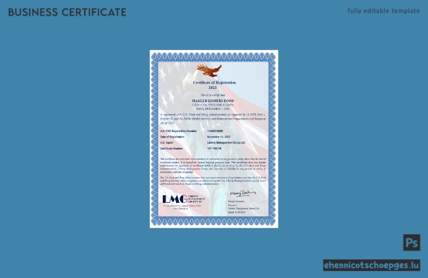 USA LMG-Registrierungszertifikat, Word und PDF, Version 2 – Beispielvorschau